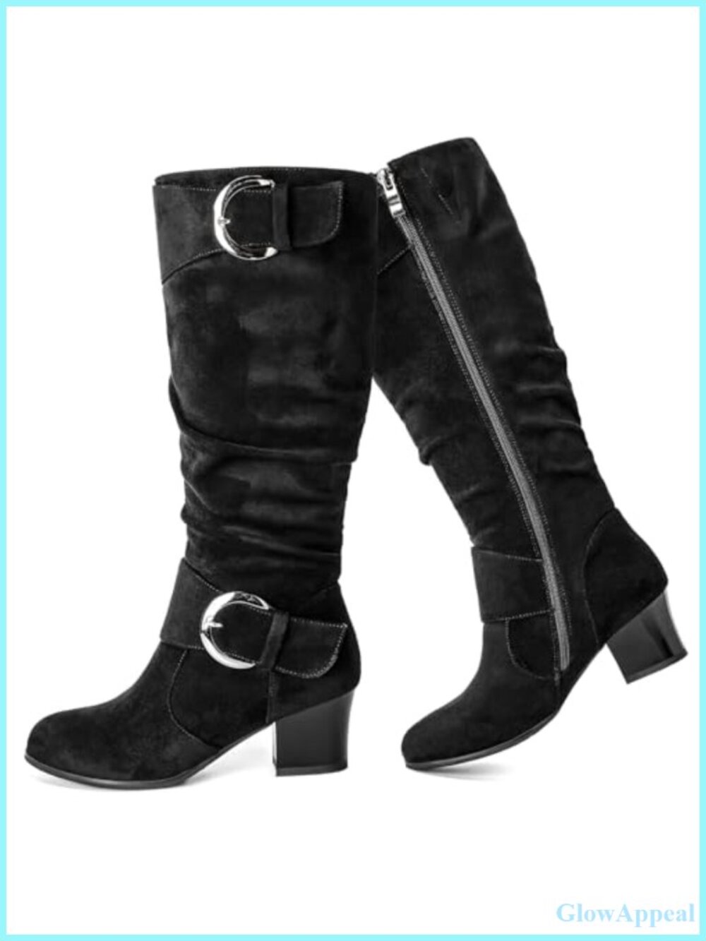 Women's Slouch Knee High Riding Boots Faux Leather Round Toe Buckle